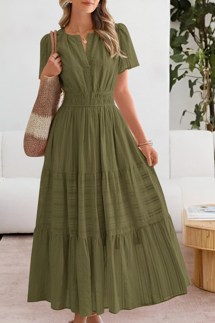 Boho Maxi Kjole Kort Ærme Elastik Talje Sommer - Green