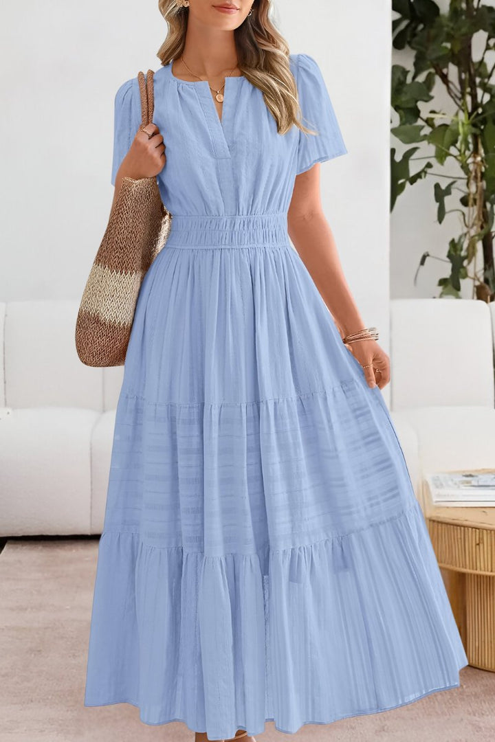 Boho Maxi Kjole Kort Ærme Elastik Talje Sommer - Blue