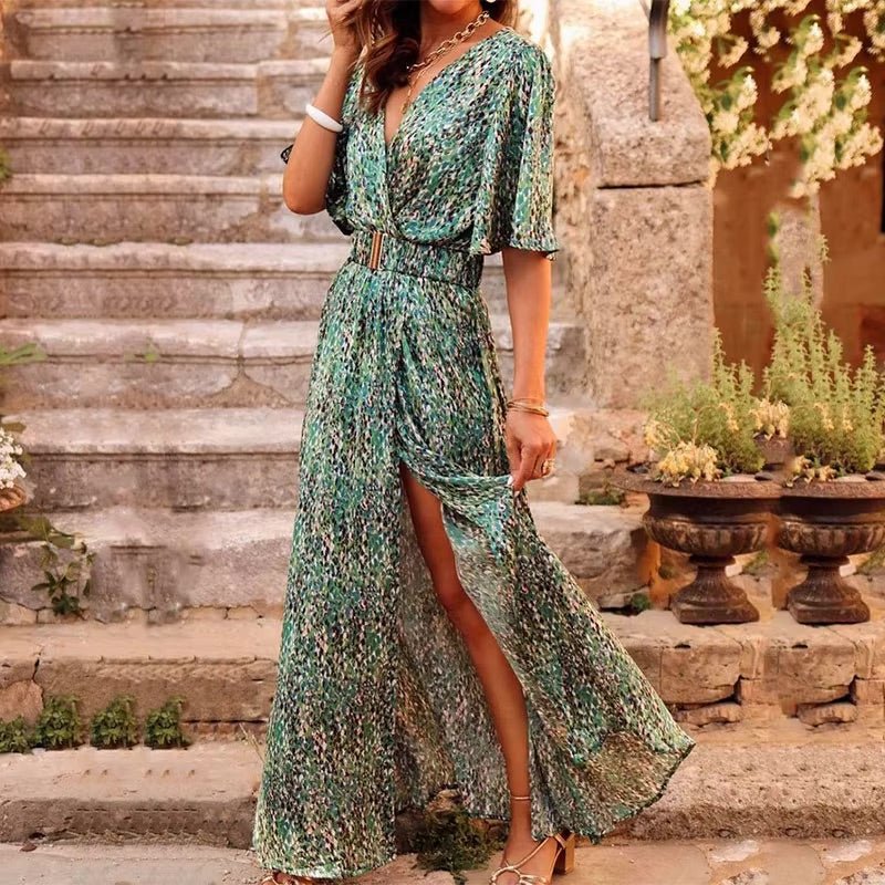 Boho Maxi Kjole Lang V-Udskæring Sommer - Green