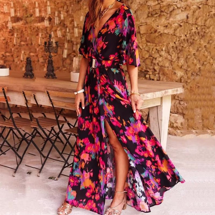 Boho Maxi Kjole Lang V-Udskæring Sommer - Black
