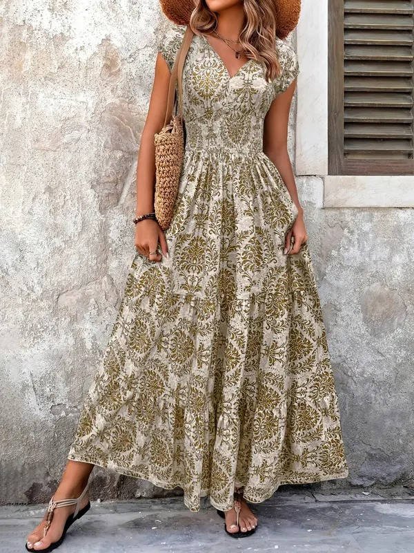 Boho Maxi Kjole Smock Talje V-Udskæring Lagdelt - Khaki