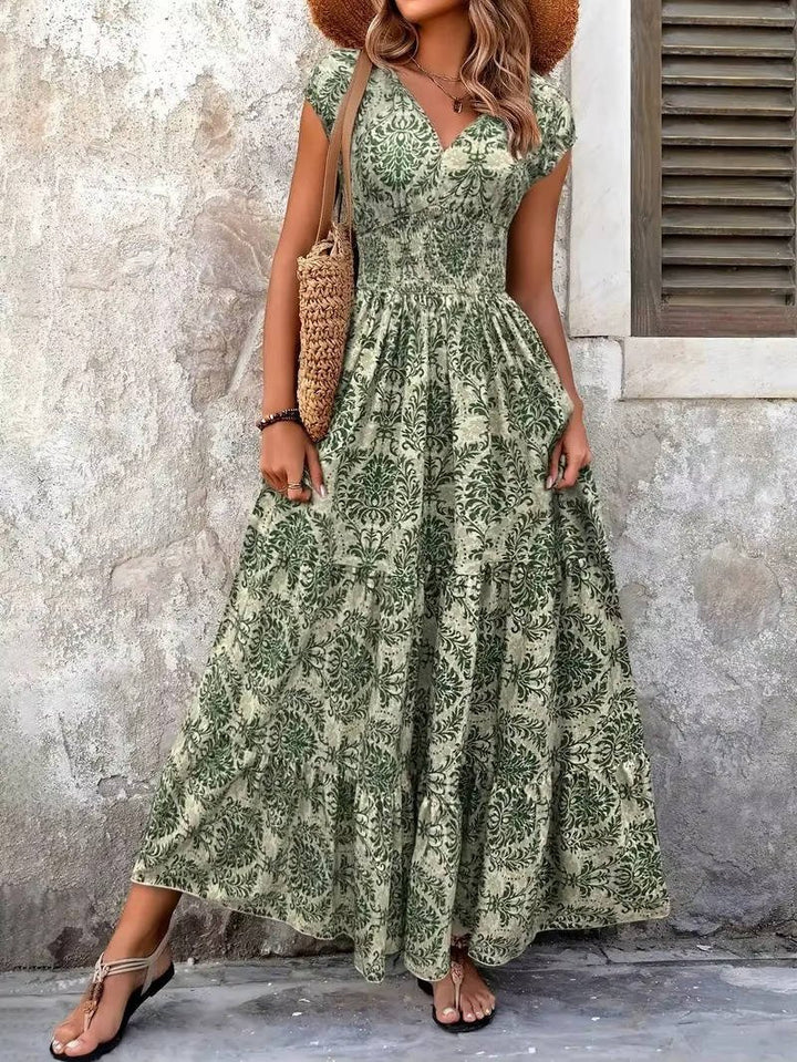 Boho Maxi Kjole Smock Talje V-Udskæring Lagdelt - Green