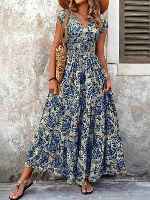 Boho Maxi Kjole Smock Talje V-Udskæring Lagdelt - Blue