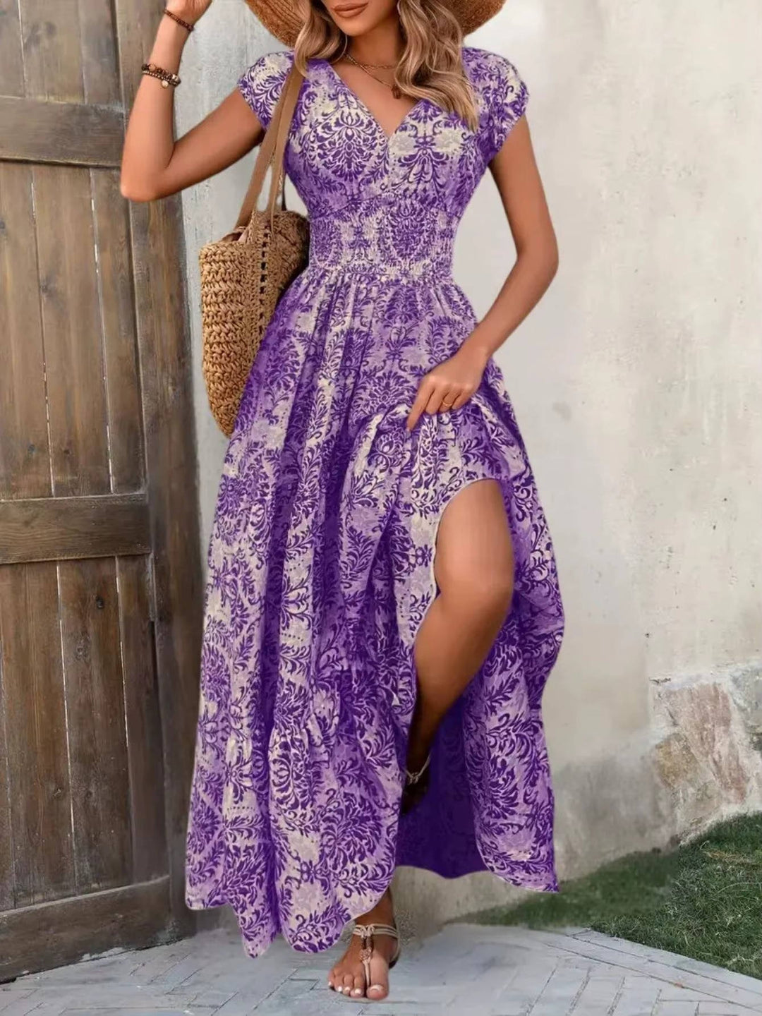 Boho Maxi Kjole Smock Talje V-Udskæring Lagdelt - Dark violet