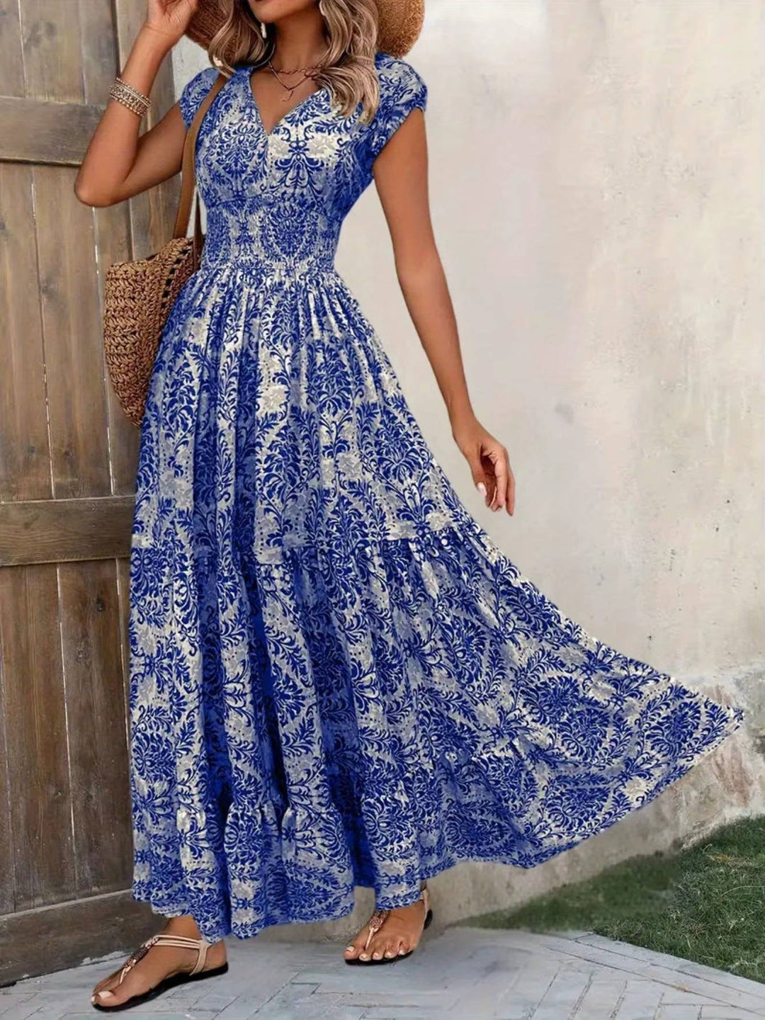 Boho Maxi Kjole Smock Talje V-Udskæring Lagdelt - Royal blue