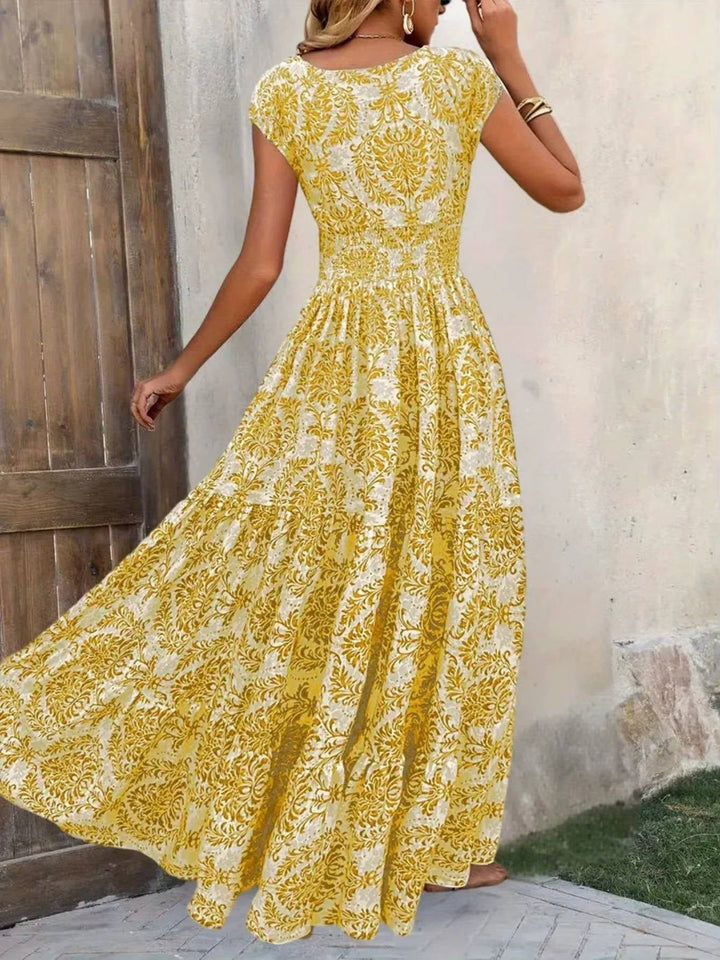 Boho Maxi Kjole Smock Talje V-Udskæring Lagdelt - Gold