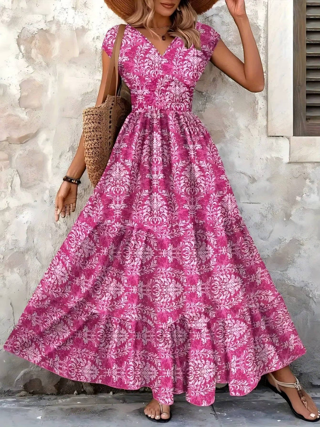 Boho Maxi Kjole Smock Talje V-Udskæring Lagdelt - Rose red