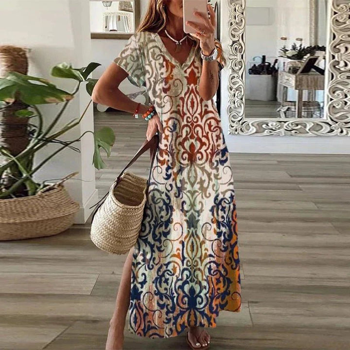 Boho Maxi Kjole V-Hals Kort Ærme Print Split - Brown