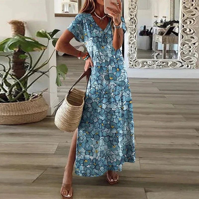 Boho Maxi Kjole V-Hals Kort Ærme Print Split - Blue