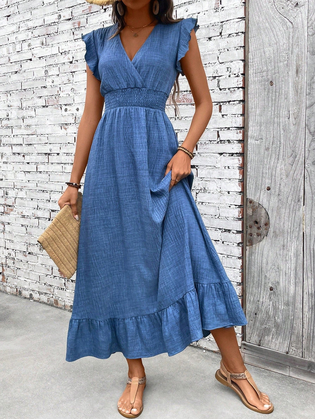 Boho Maxi Kjole V-Hals Smock Talje Flæse Ærmer - Blue