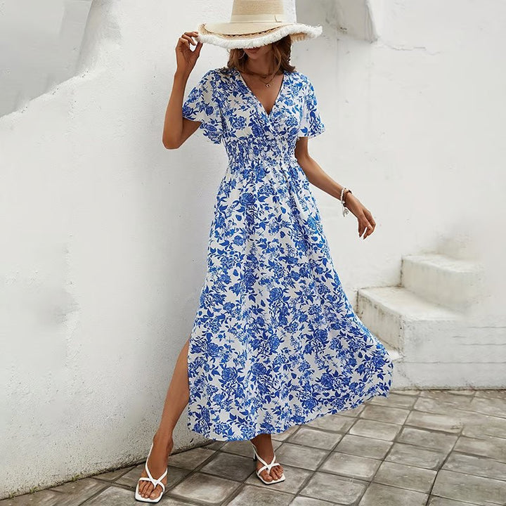 Boho Maxi Kjole V-udskæring Blomsterprint Sommer