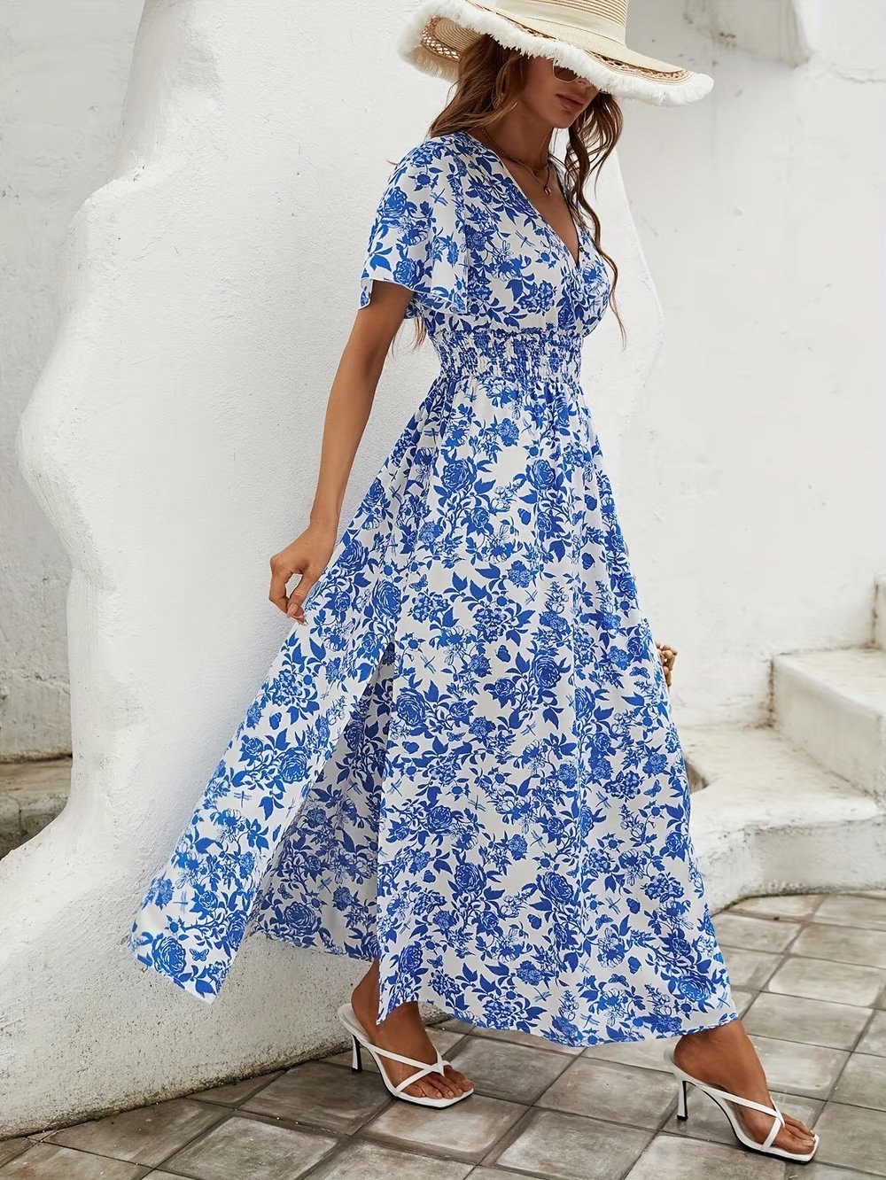 Boho Maxi Kjole V-udskæring Blomsterprint Sommer