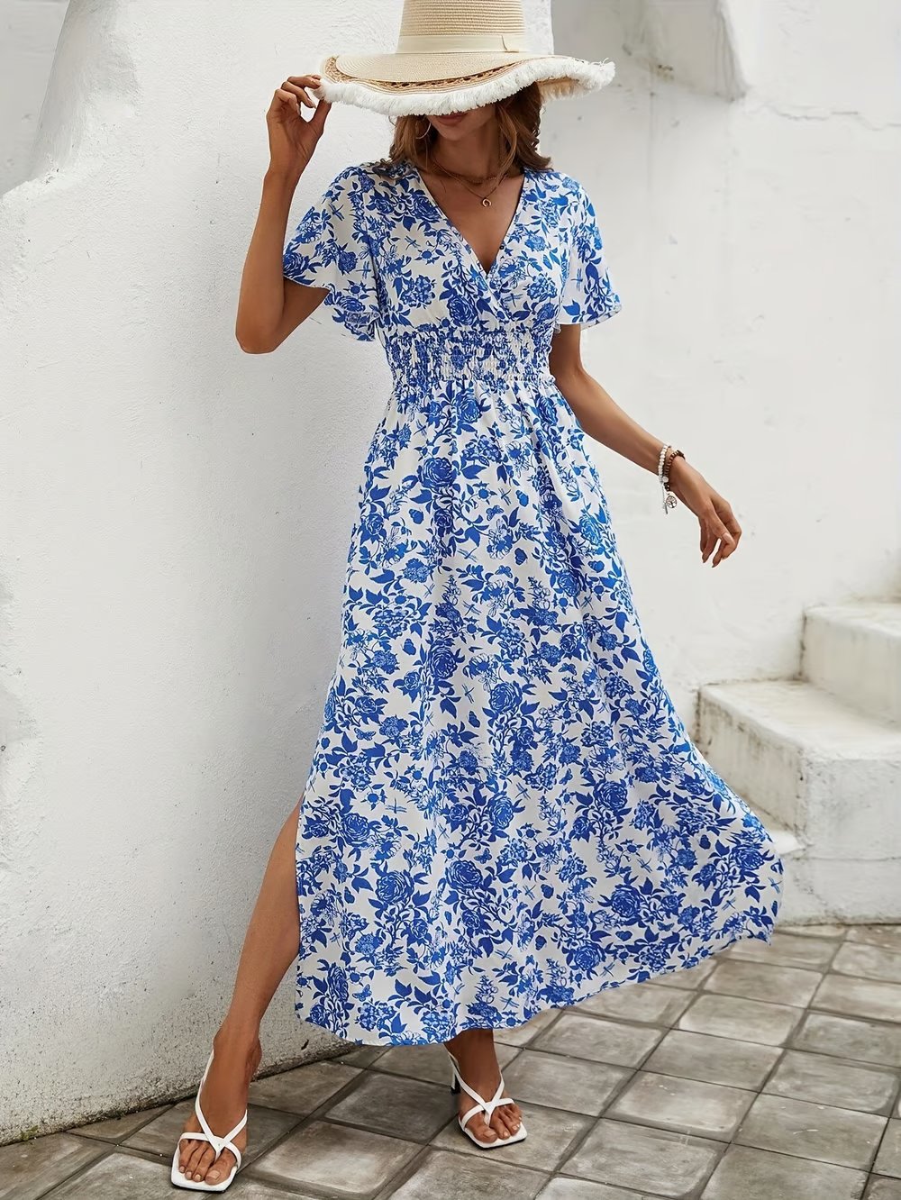 Boho Maxi Kjole V-udskæring Blomsterprint Sommer