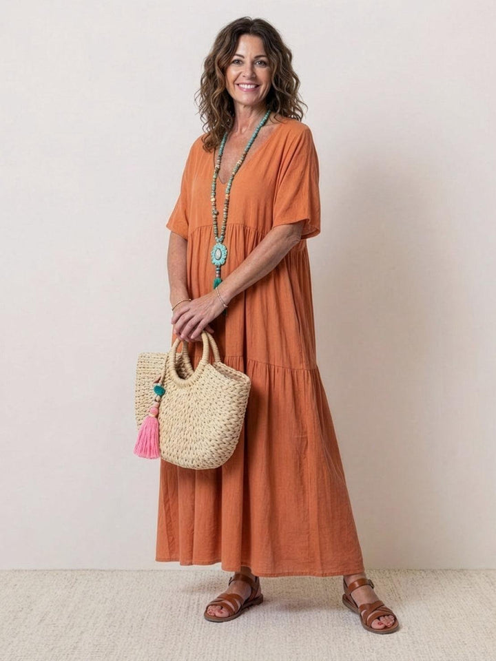 Boho Maxi Kjole V-Udskæring Korte Ærmer Lagdelt - Rusty Orange