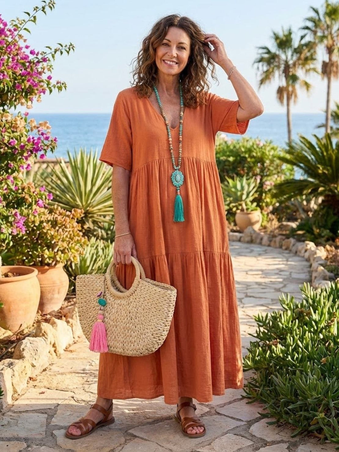 Boho Maxi Kjole V-Udskæring Korte Ærmer Lagdelt