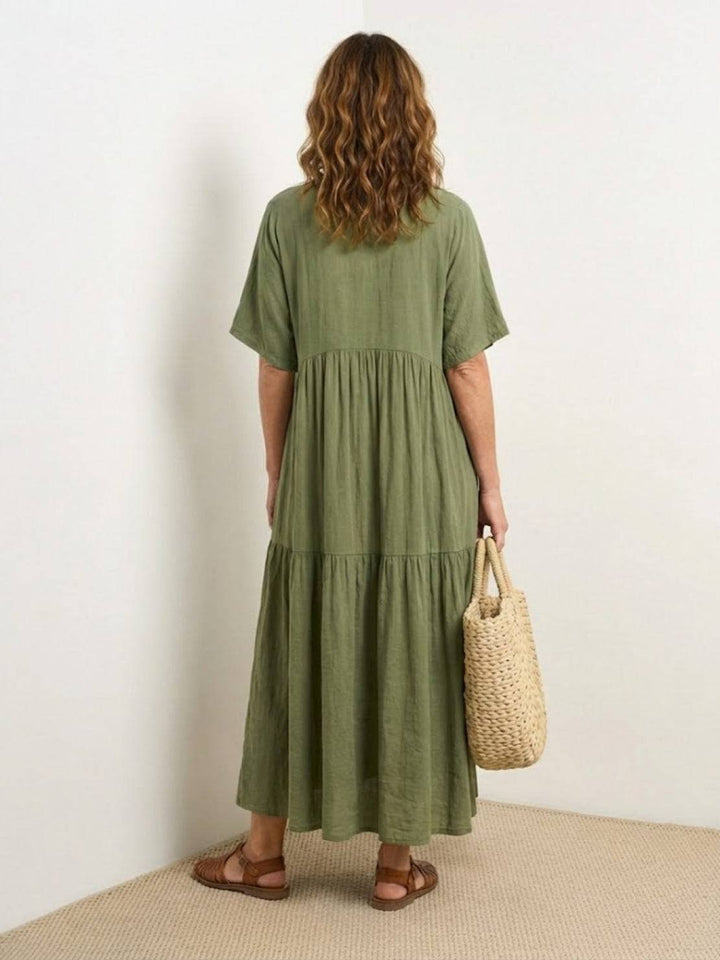 Boho Maxi Kjole V-Udskæring Korte Ærmer Lagdelt