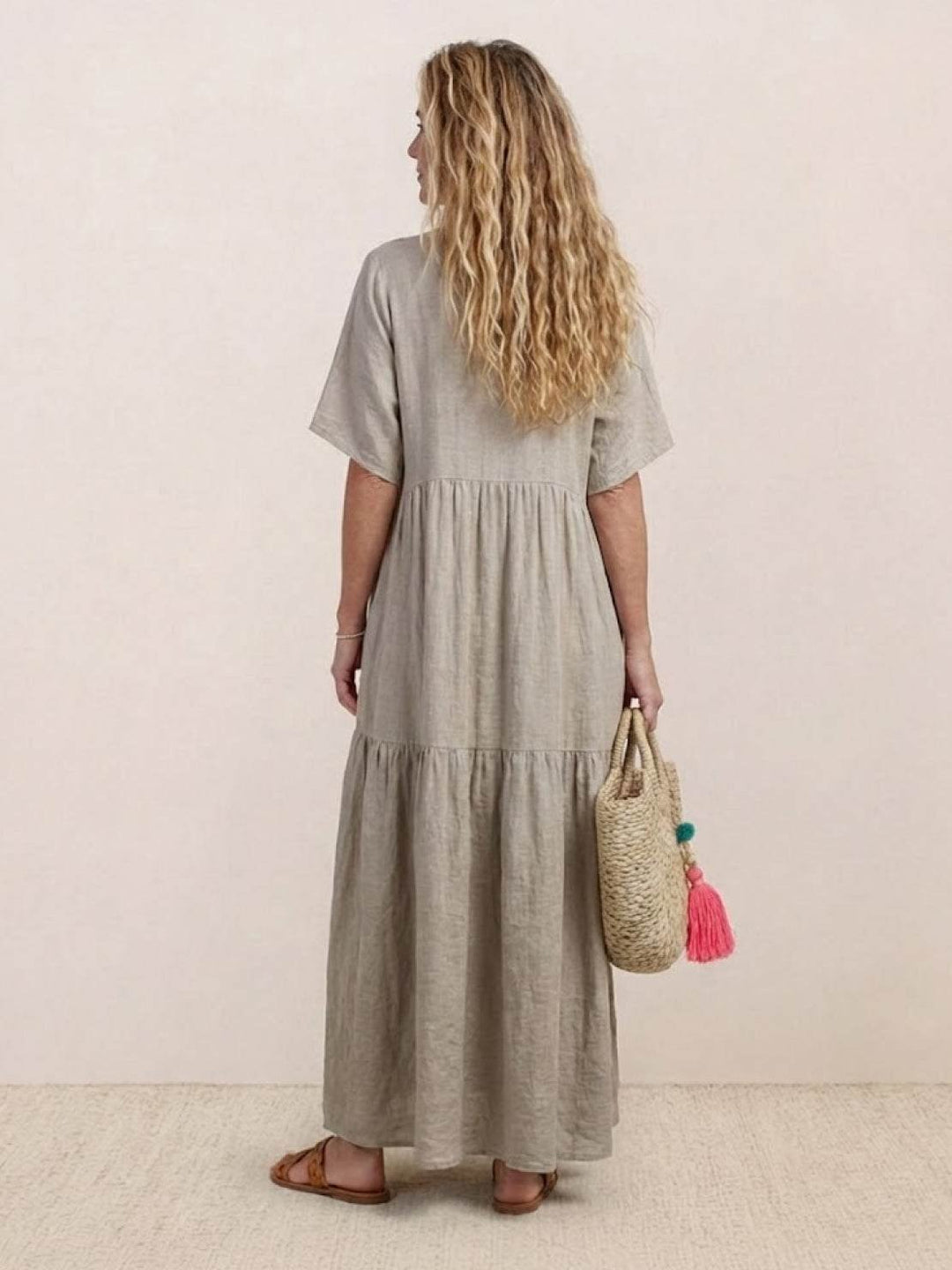 Boho Maxi Kjole V-Udskæring Korte Ærmer Lagdelt