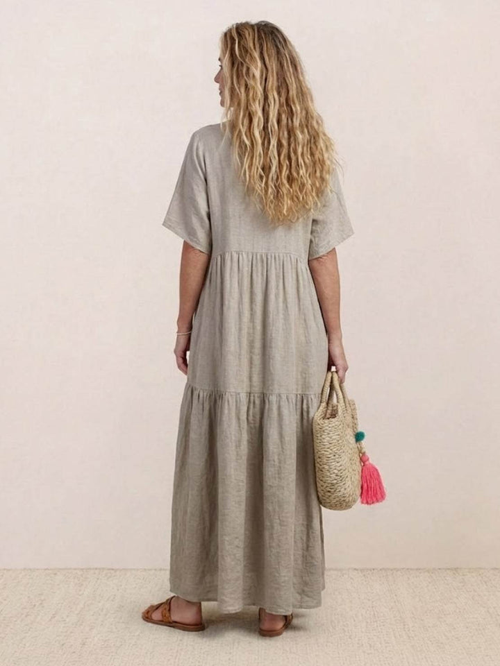 Boho Maxi Kjole V-Udskæring Korte Ærmer Lagdelt