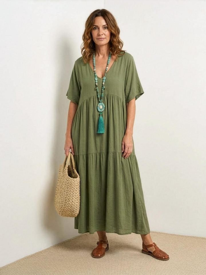 Boho Maxi Kjole V-Udskæring Korte Ærmer Lagdelt - Army Green