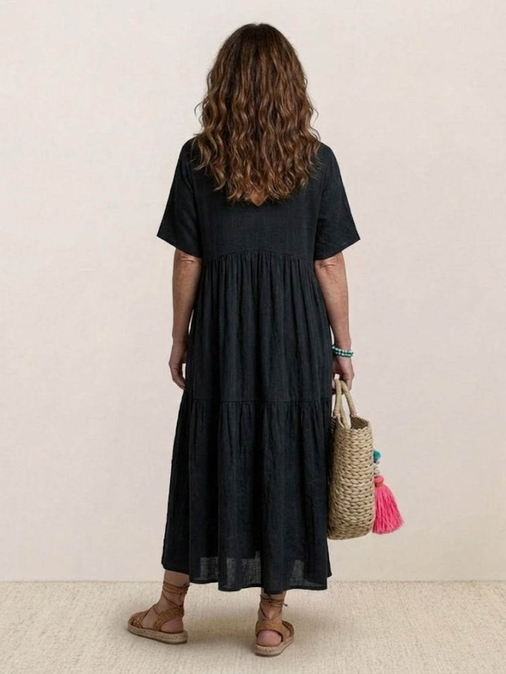 Boho Maxi Kjole V-Udskæring Korte Ærmer Lagdelt