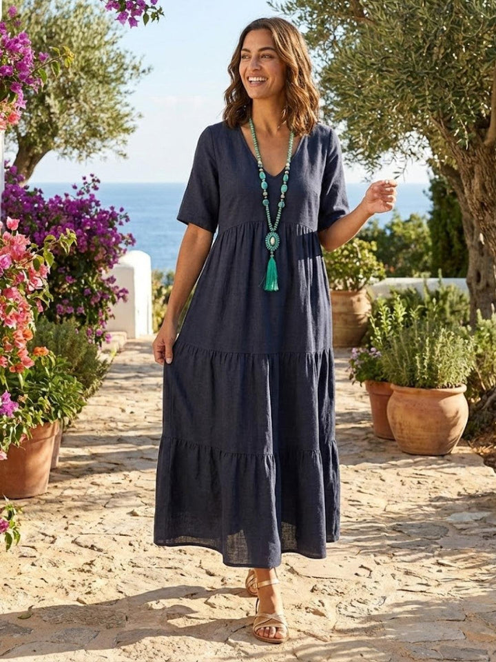 Boho Maxi Kjole V-Udskæring Korte Ærmer Lagdelt