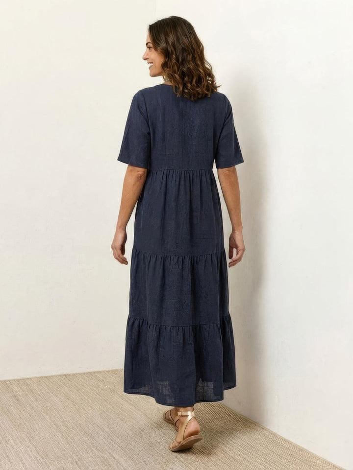 Boho Maxi Kjole V-Udskæring Korte Ærmer Lagdelt