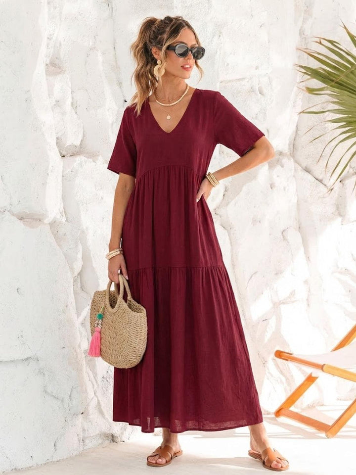 Boho Maxi Kjole V-Udskæring Korte Ærmer Lagdelt