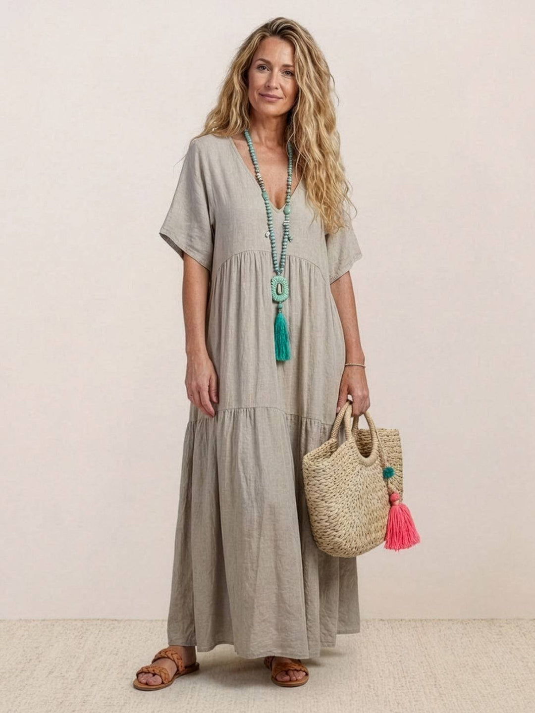 Boho Maxi Kjole V-Udskæring Korte Ærmer Lagdelt - Apricot