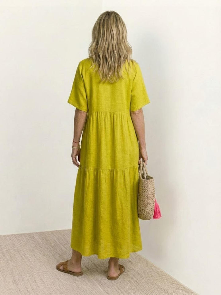 Boho Maxi Kjole V-Udskæring Korte Ærmer Lagdelt