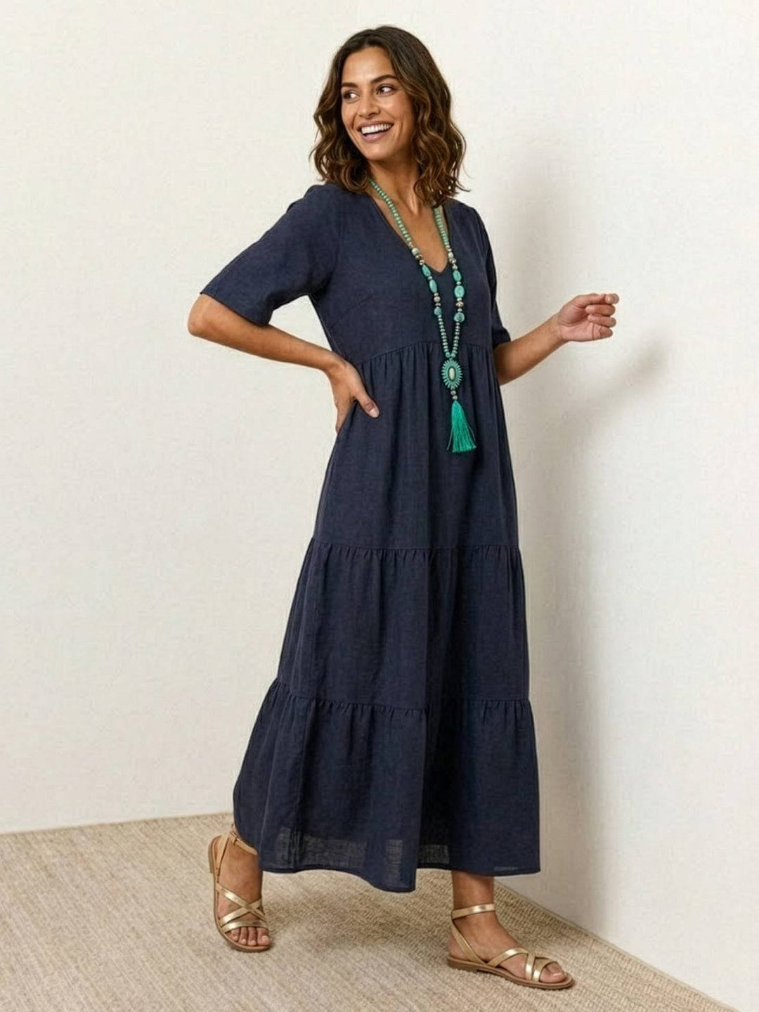 Boho Maxi Kjole V-Udskæring Korte Ærmer Lagdelt - Navy Blue