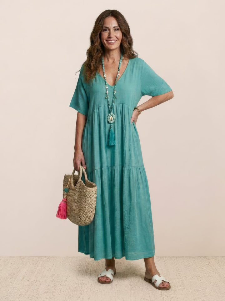 Boho Maxi Kjole V-Udskæring Korte Ærmer Lagdelt - Peacock Blue