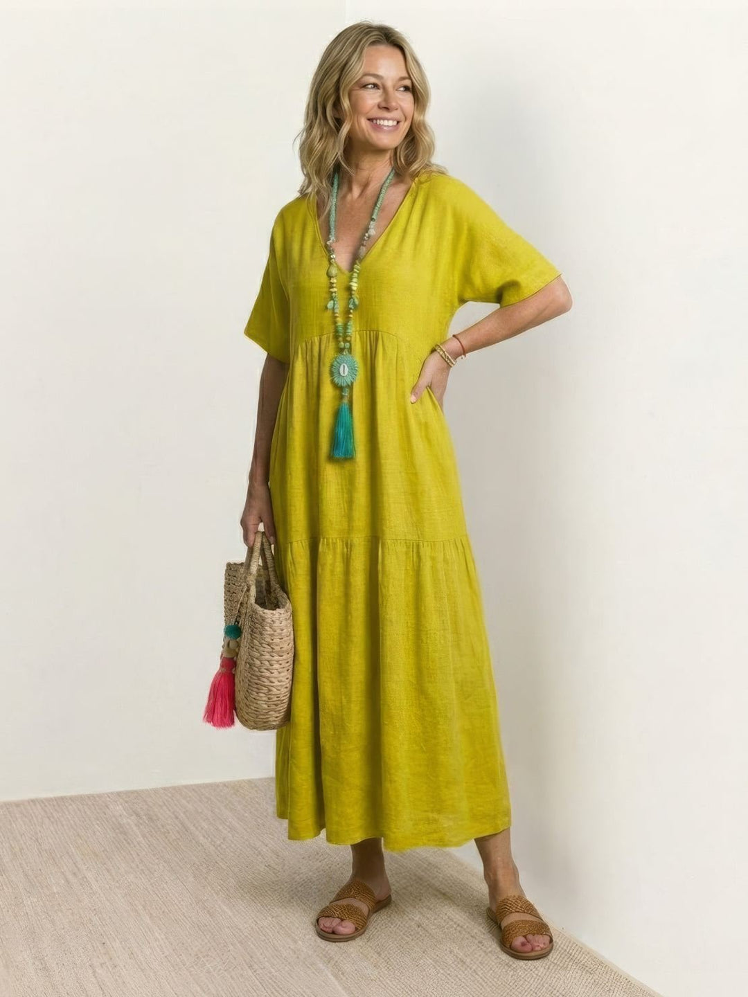 Boho Maxi Kjole V-Udskæring Korte Ærmer Lagdelt - Yellow