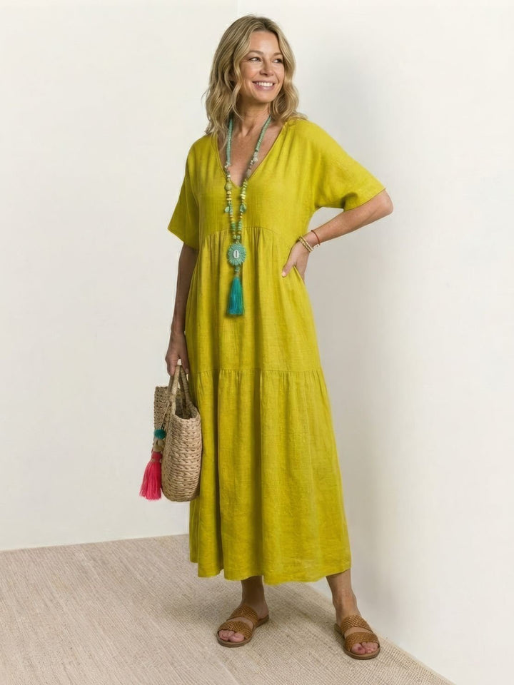 Boho Maxi Kjole V-Udskæring Korte Ærmer Lagdelt - Yellow