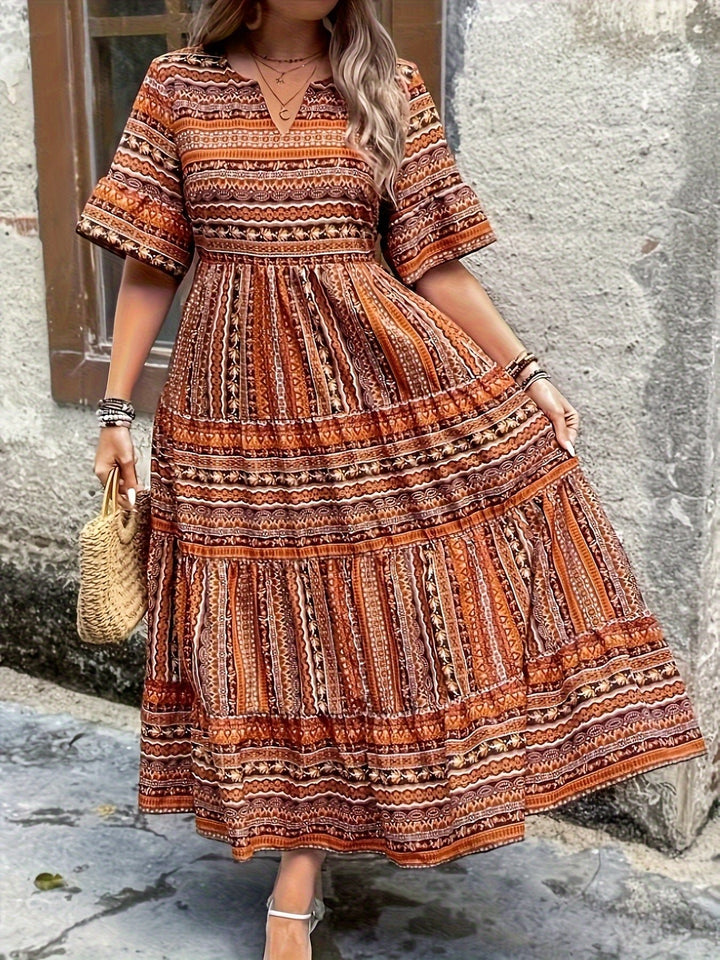 Boho Maxi Kjole V-udskæring Trykt Mønster Flydende - Brown