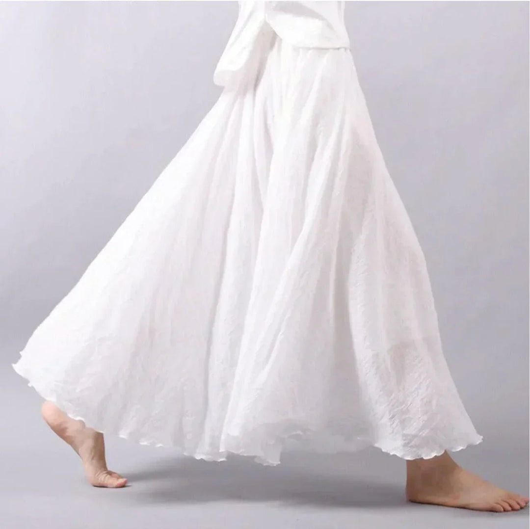 Boho Maxi Nederdel Høj Talje Bomuldsblanding Elegant - White