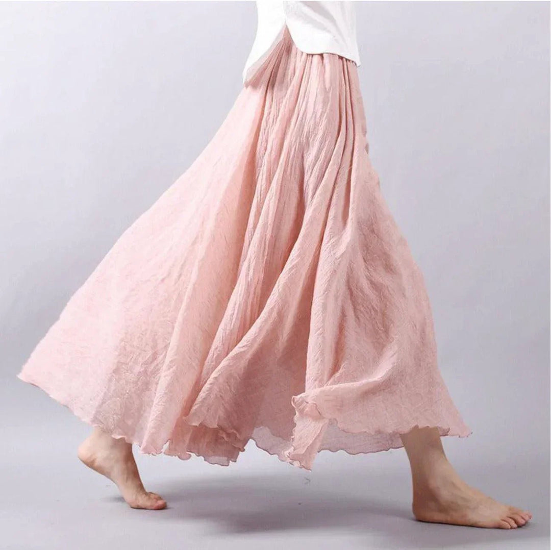 Boho Maxi Nederdel Høj Talje Bomuldsblanding Elegant - Rosa