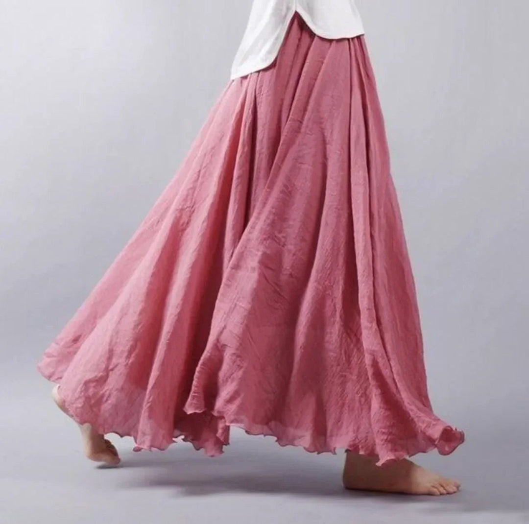 Boho Maxi Nederdel Høj Talje Bomuldsblanding Elegant - Dark Pink