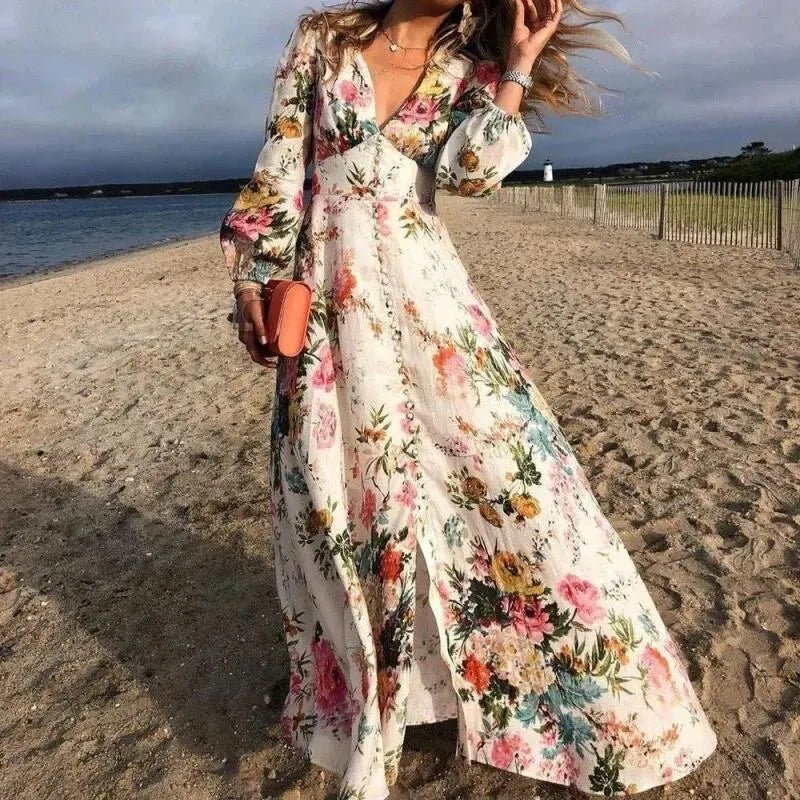 Boho Maxikjole Blomsterprint V-udskæring Lange Ærmer - Multicolor