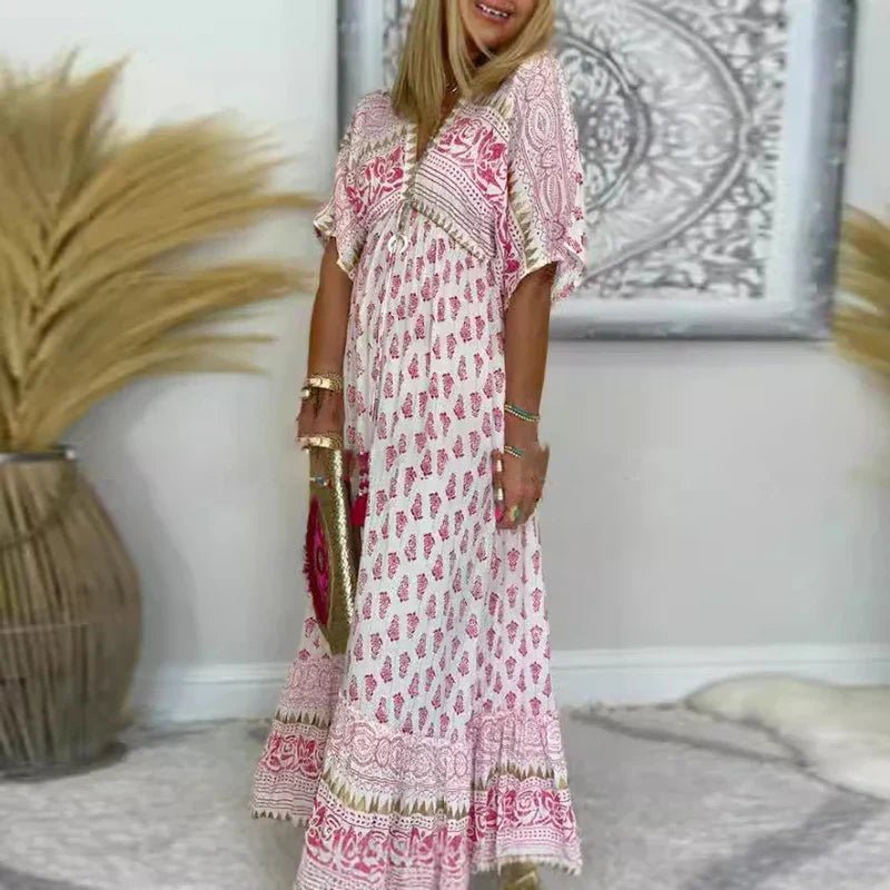 Boho Maxikjole Med Print Løstsiddende Boheme Stil - Pink