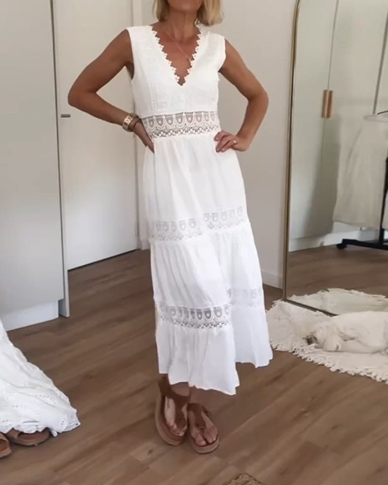 Boho Maxikjole V-hals Wrap-design Blonde Detaljer - White