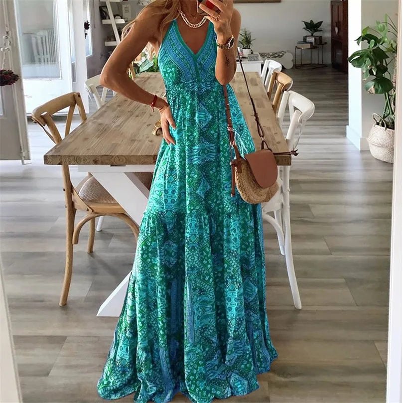 Boho Maxikjole V-udskæring Spaghetti Stropper Løs Pasform - Green