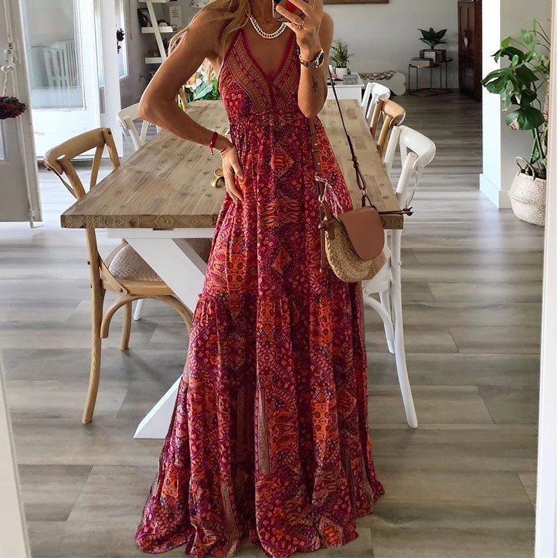 Boho Maxikjole V-udskæring Spaghetti Stropper Løs Pasform - Red