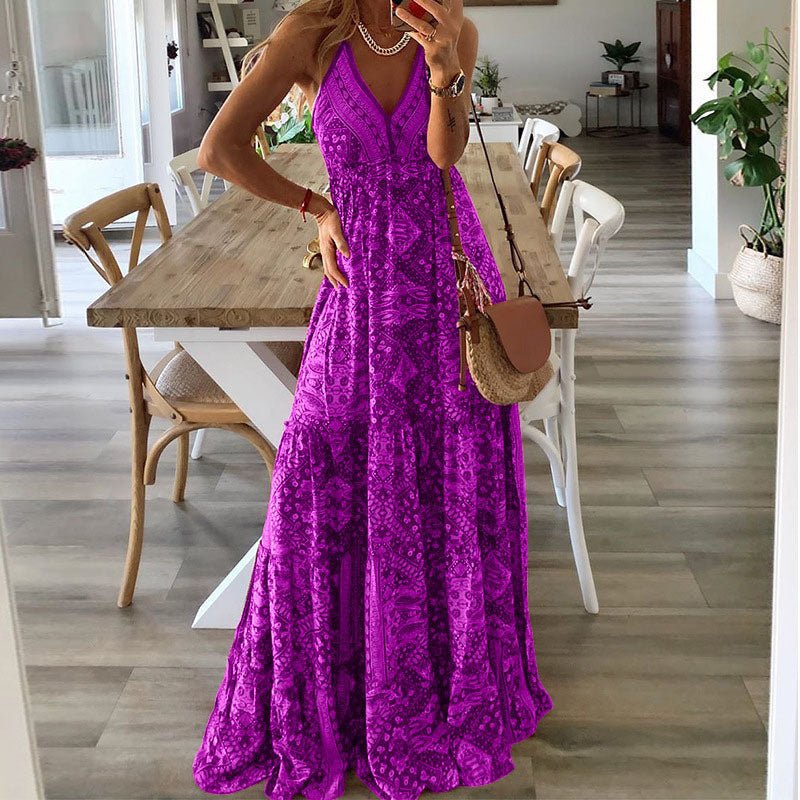 Boho Maxikjole V-udskæring Spaghetti Stropper Løs Pasform - Purple