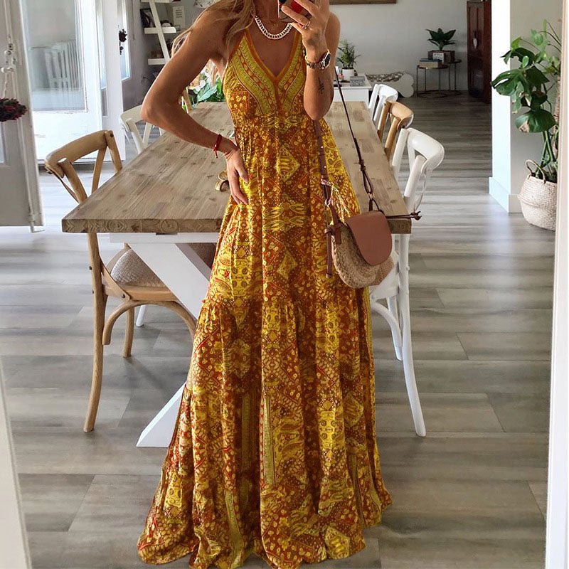 Boho Maxikjole V-udskæring Spaghetti Stropper Løs Pasform - Yellow