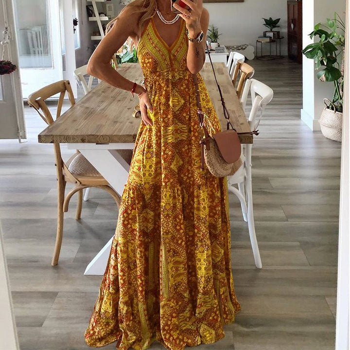 Boho Maxikjole V-udskæring Spaghetti Stropper Løs Pasform - Yellow