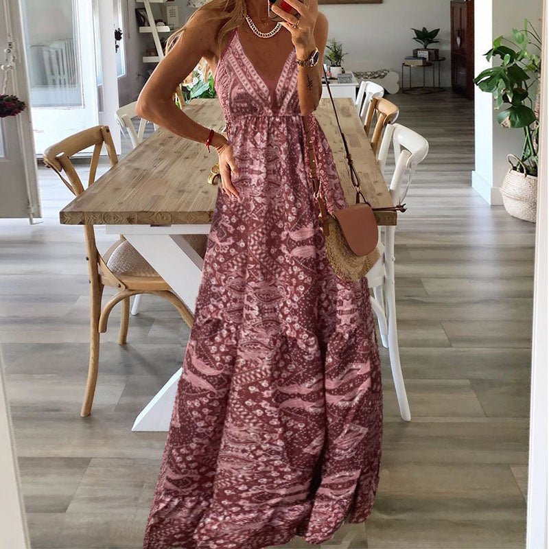 Boho Maxikjole V-udskæring Spaghetti Stropper Løs Pasform - Old Rose