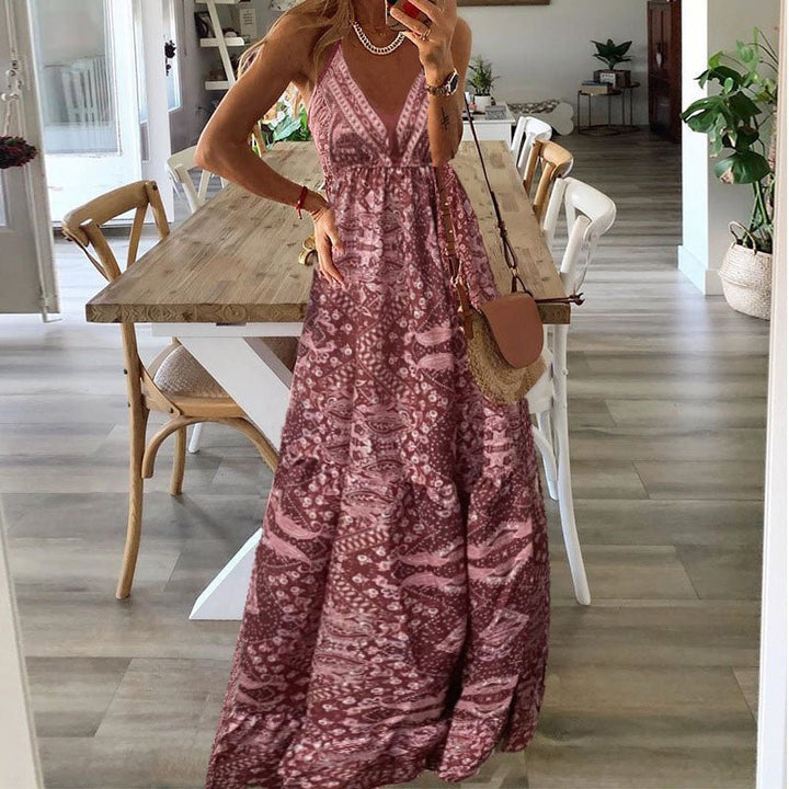 Boho Maxikjole V-udskæring Spaghetti Stropper Løs Pasform - Old Rose
