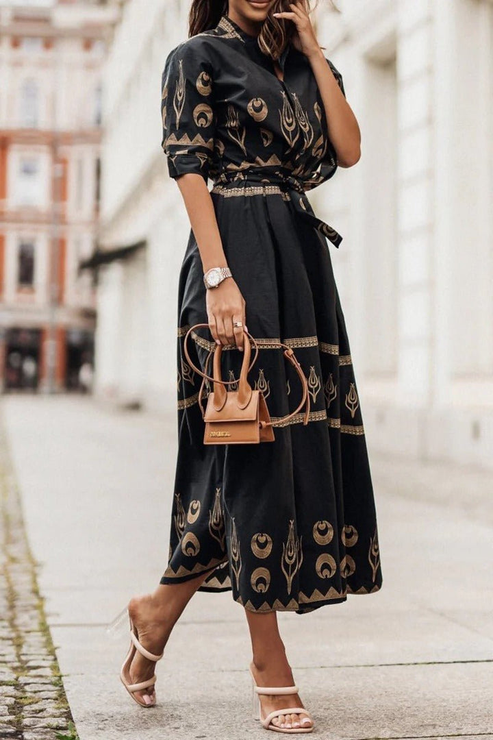 Boho Midi Kjole Bælte 3/4 Ærmer A-line Snit - Black