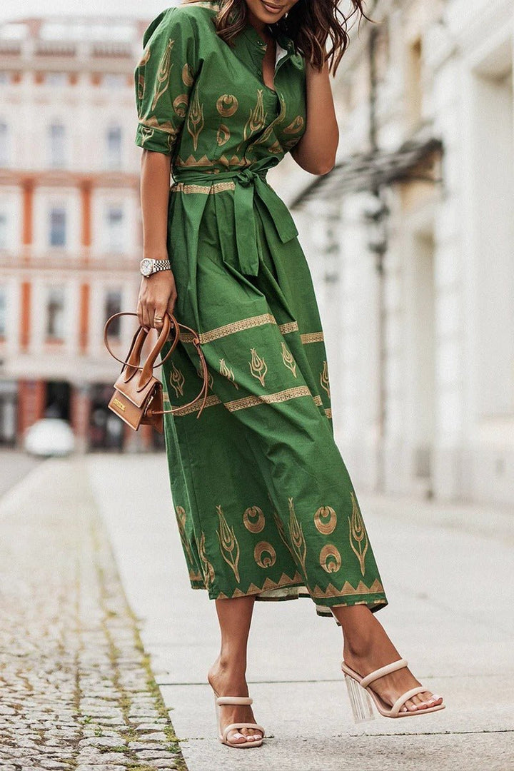 Boho Midi Kjole Bælte 3/4 Ærmer A-line Snit - Green