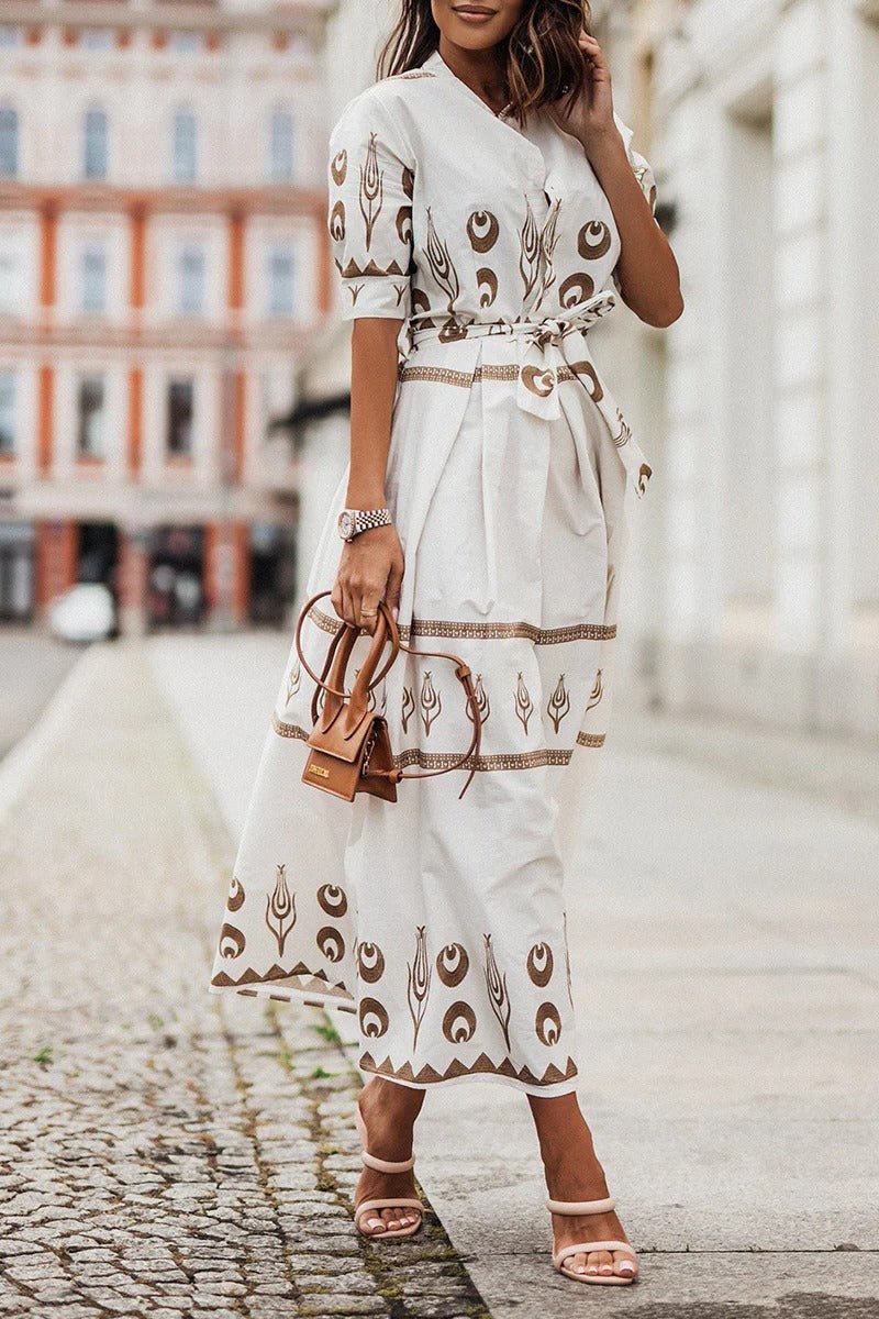 Boho Midi Kjole Bælte 3/4 Ærmer A-line Snit - White